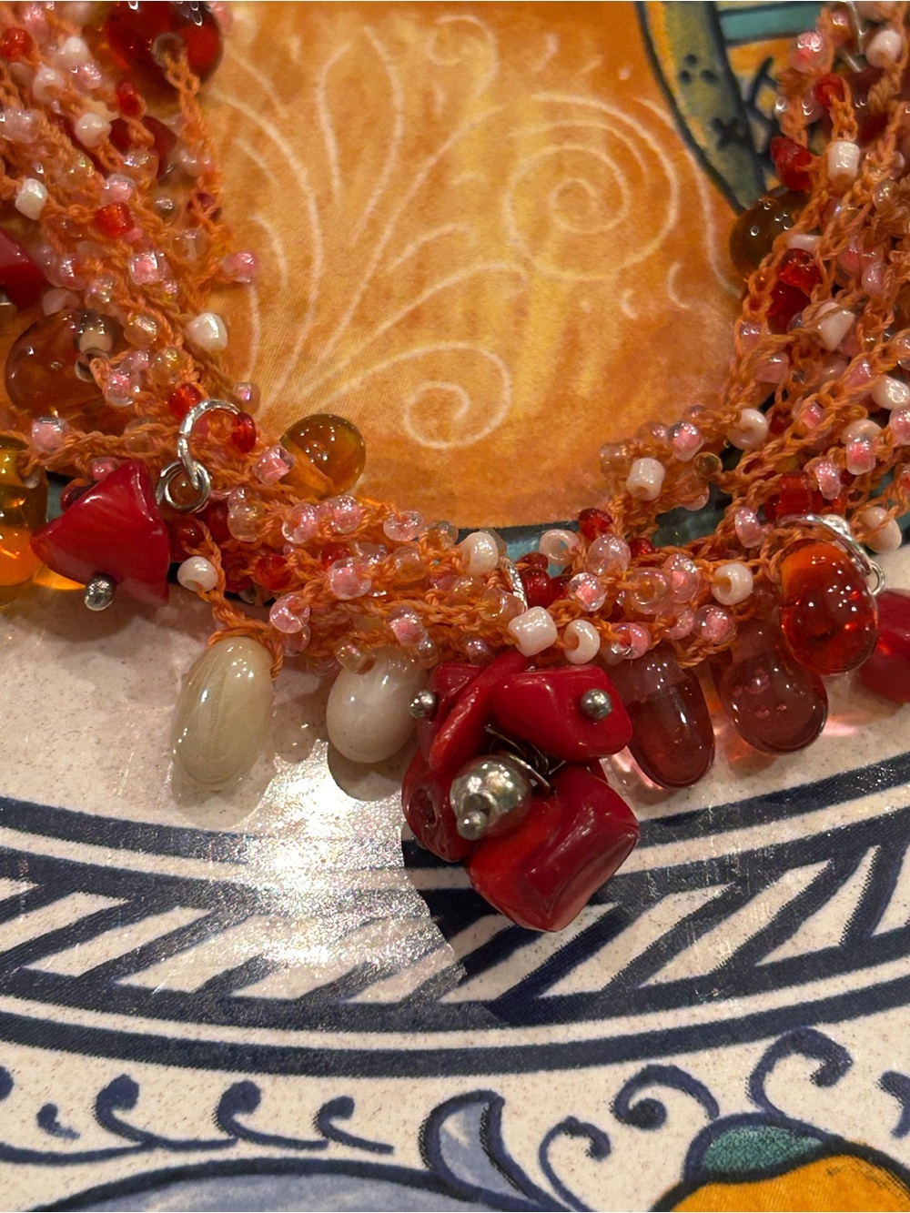 Vintage Necklace Red Branch Coral, Carnelian, glass Mermaid’s Tears woven thread